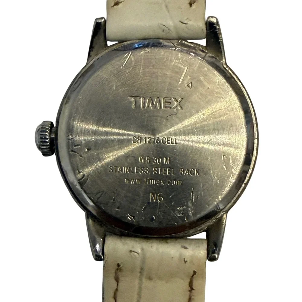 Timex Indiglo Women's Watch White‎ Leather Strap Silver Tone Case